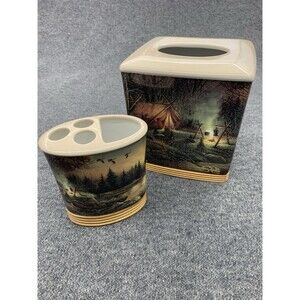 Vintage Terry Redlin Ceramic Tissue Box Cover And Toothbrush Holder